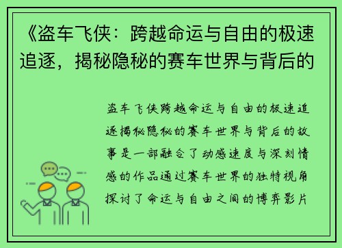 《盗车飞侠：跨越命运与自由的极速追逐，揭秘隐秘的赛车世界与背后的故事》