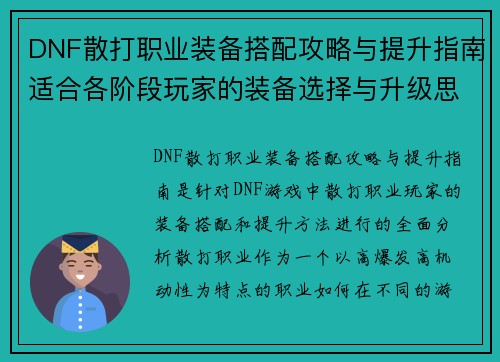 DNF散打职业装备搭配攻略与提升指南适合各阶段玩家的装备选择与升级思路