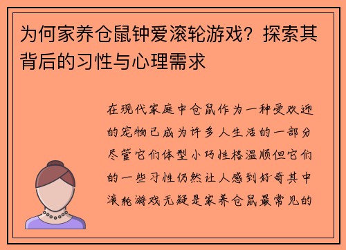 为何家养仓鼠钟爱滚轮游戏？探索其背后的习性与心理需求